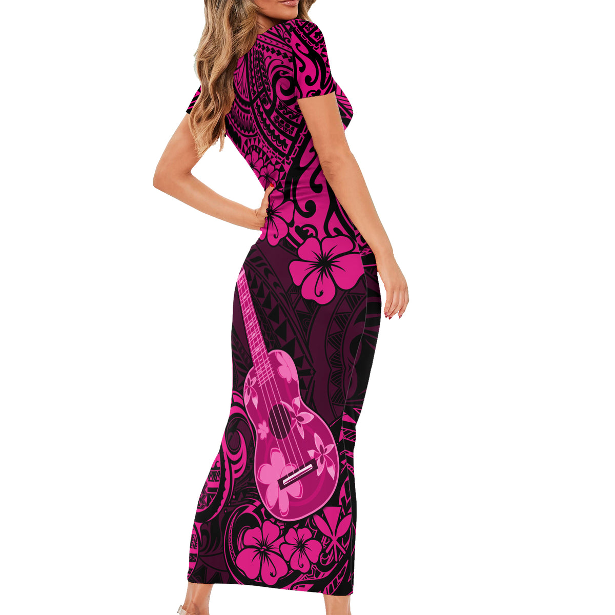 Hawaii Ukulele Short Sleeve Bodycon Dress Polynesian Pattern Pink Version LT01 - Polynesian Pride