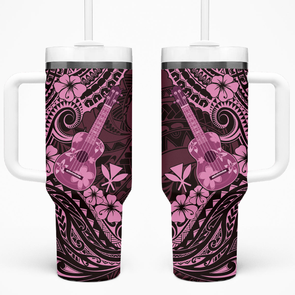 Hawaii Ukulele Tumbler With Handle Polynesian Pattern Pink Version