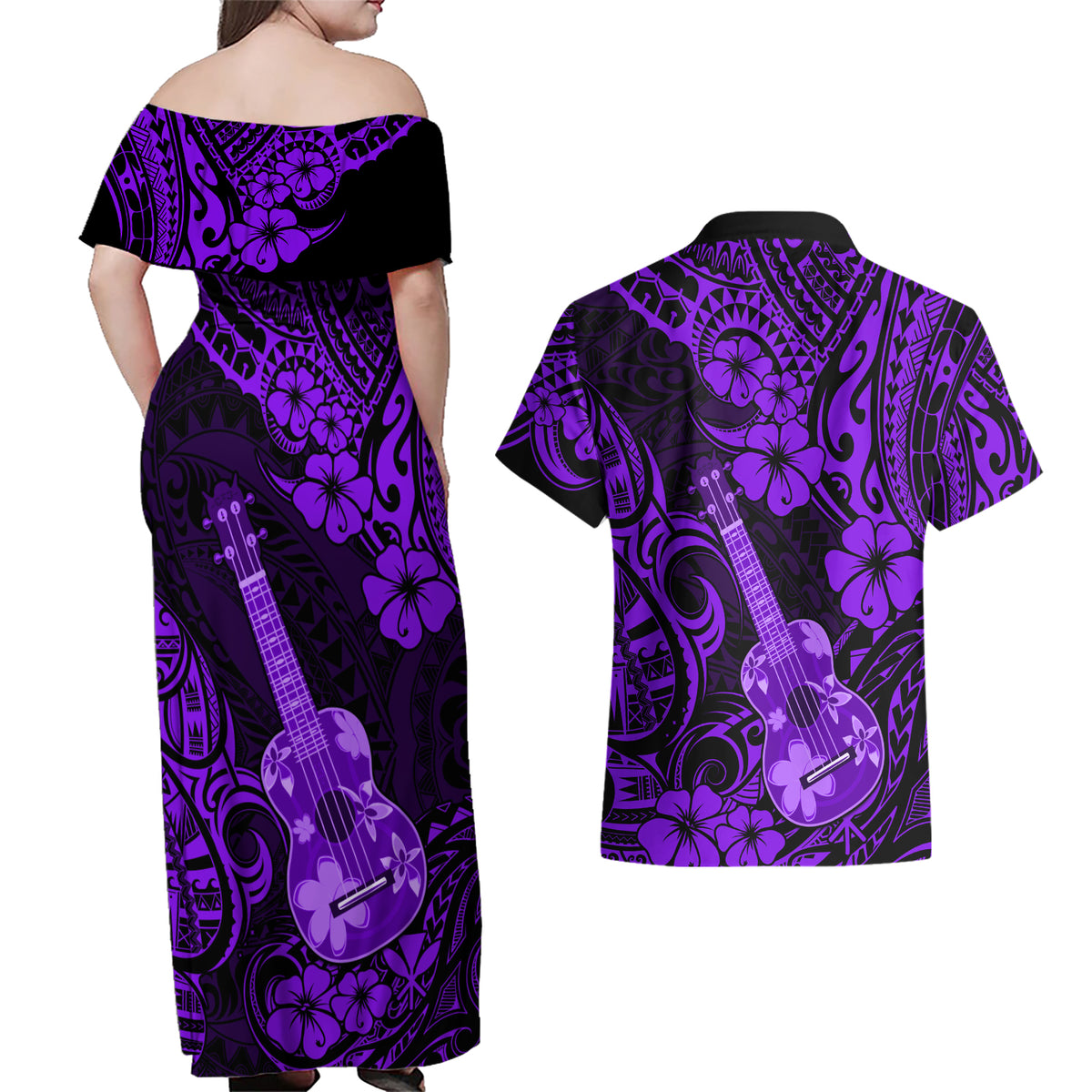 Hawaii Ukulele Couples Matching Off Shoulder Maxi Dress and Hawaiian Shirt Polynesian Pattern Purple Version LT01 - Polynesian Pride