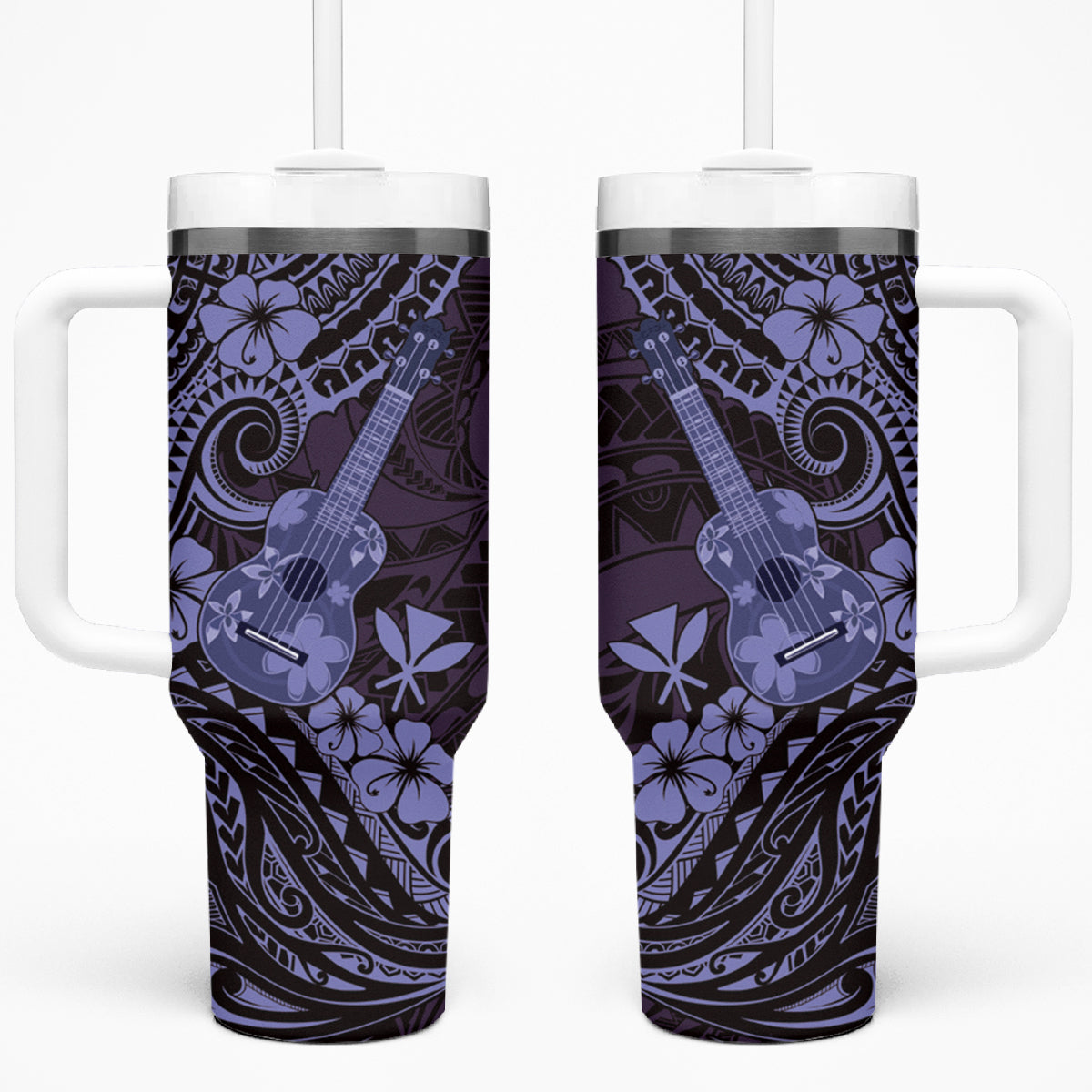 Hawaii Ukulele Tumbler With Handle Polynesian Pattern Purple Version