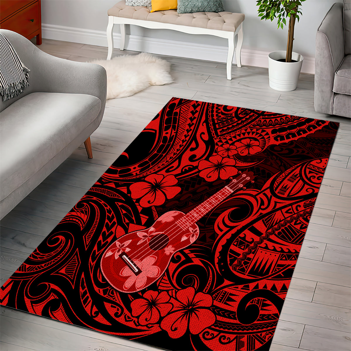 Hawaii Ukulele Area Rug Polynesian Pattern Red Version LT01 - Polynesian Pride