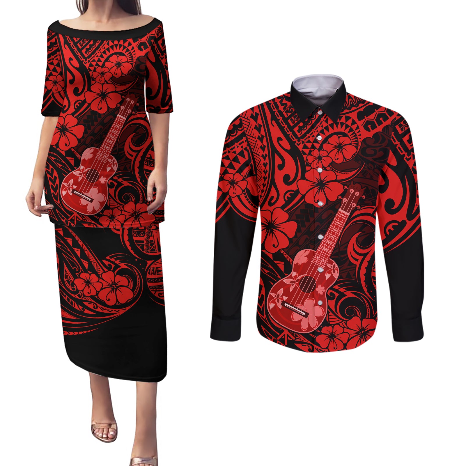 Hawaii Ukulele Couples Matching Puletasi Dress and Long Sleeve Button Shirts Polynesian Pattern Red Version LT01 Red - Polynesian Pride