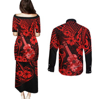 Hawaii Ukulele Couples Matching Puletasi Dress and Long Sleeve Button Shirts Polynesian Pattern Red Version LT01 - Polynesian Pride
