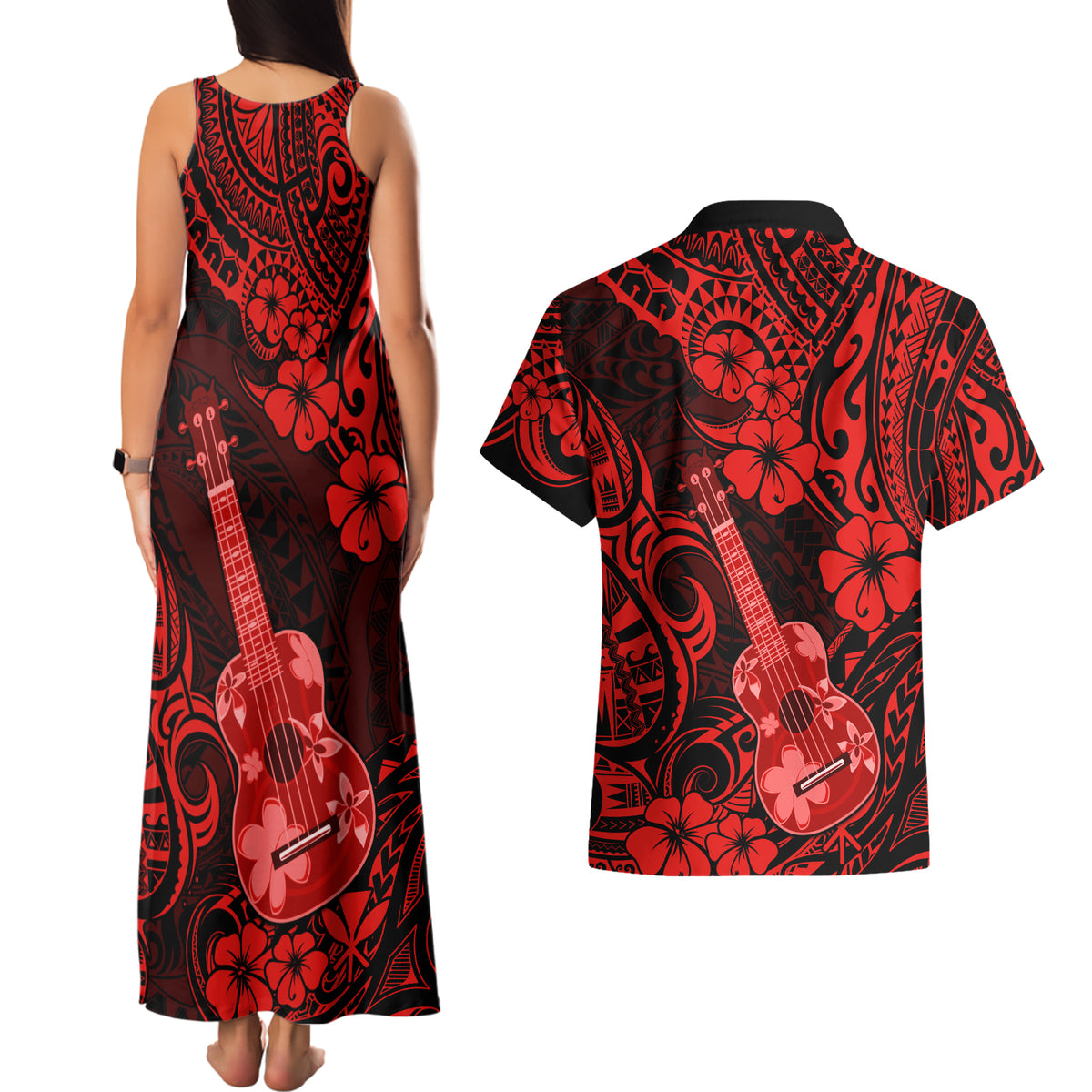 Hawaii Ukulele Couples Matching Tank Maxi Dress and Hawaiian Shirt Polynesian Pattern Red Version LT01 - Polynesian Pride