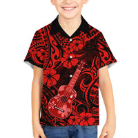 Hawaii Ukulele Family Matching Long Sleeve Bodycon Dress and Hawaiian Shirt Polynesian Pattern Red Version LT01 Son's Shirt Red - Polynesian Pride