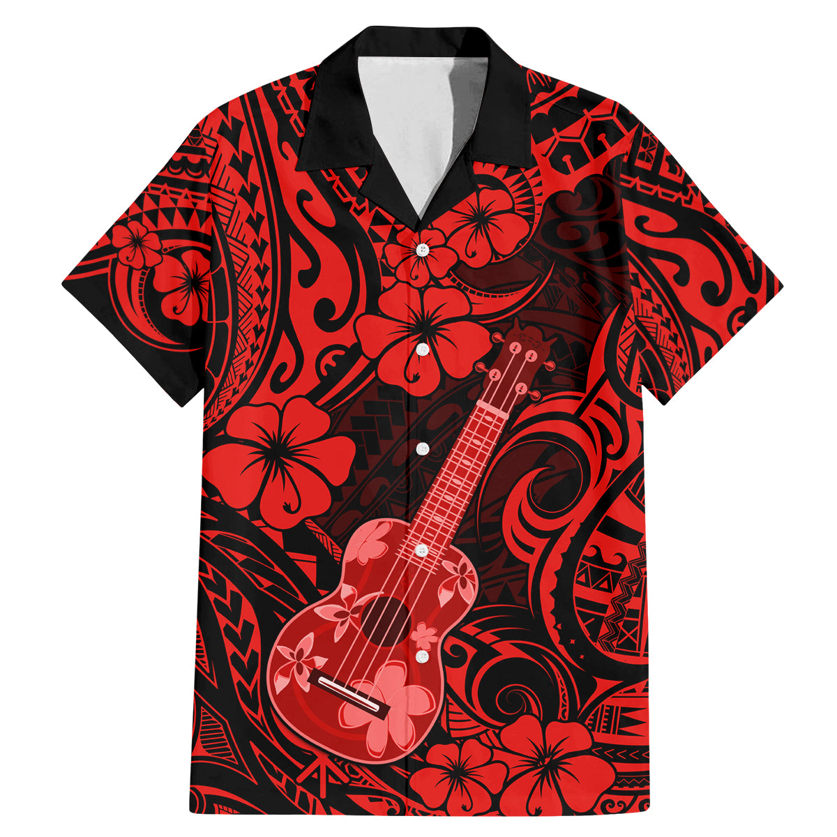 Hawaii Ukulele Family Matching Mermaid Dress and Hawaiian Shirt Polynesian Pattern Red Version LT01 Dad's Shirt - Short Sleeve Red - Polynesian Pride