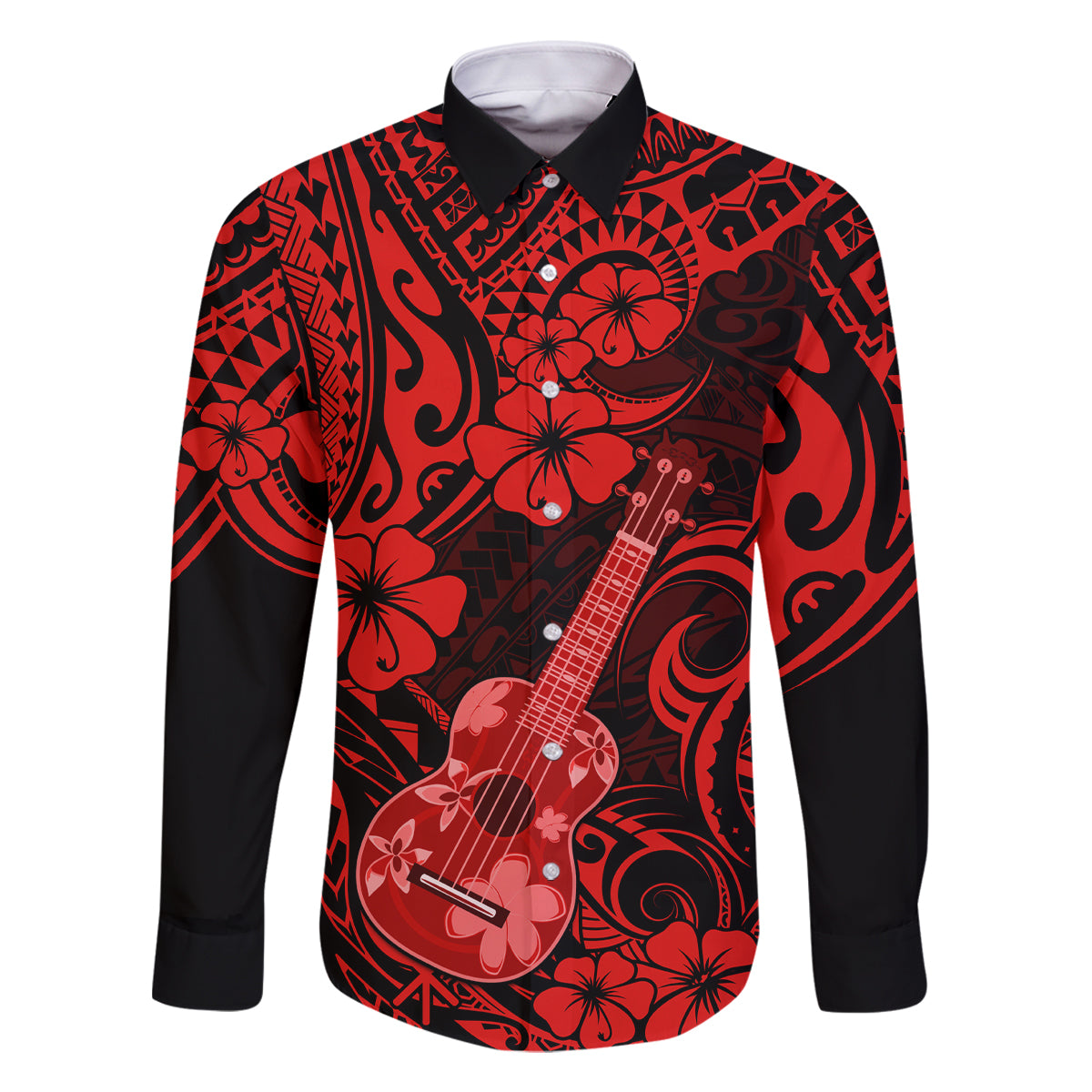 Hawaii Ukulele Family Matching Off Shoulder Long Sleeve Dress and Hawaiian Shirt Polynesian Pattern Red Version LT01 Dad's Shirt - Long Sleeve Red - Polynesian Pride