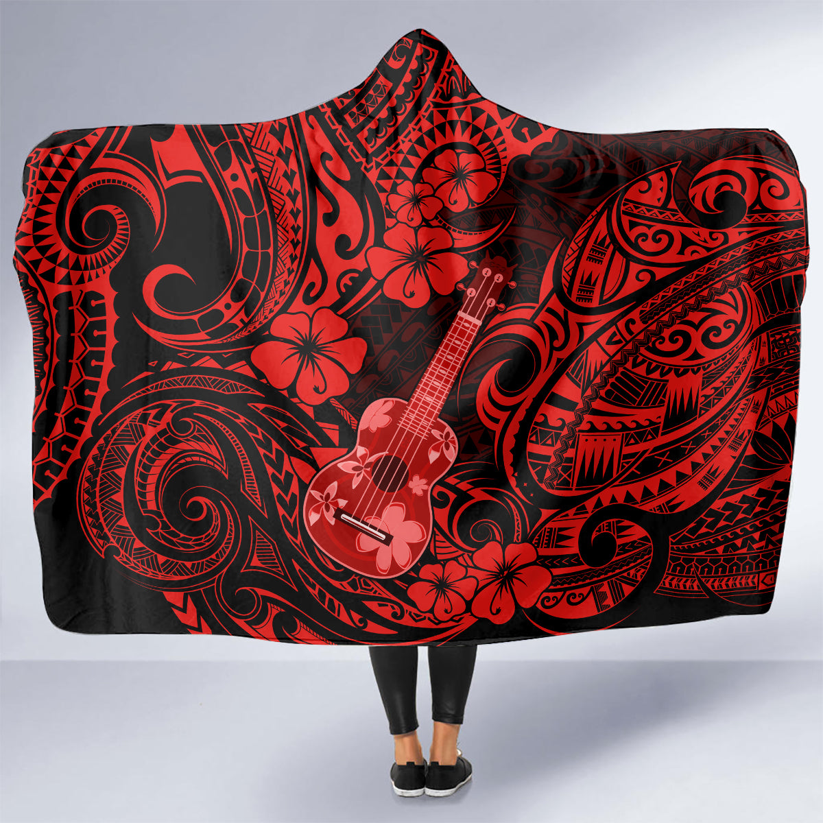 Hawaii Ukulele Hooded Blanket Polynesian Pattern Red Version LT01 - Polynesian Pride