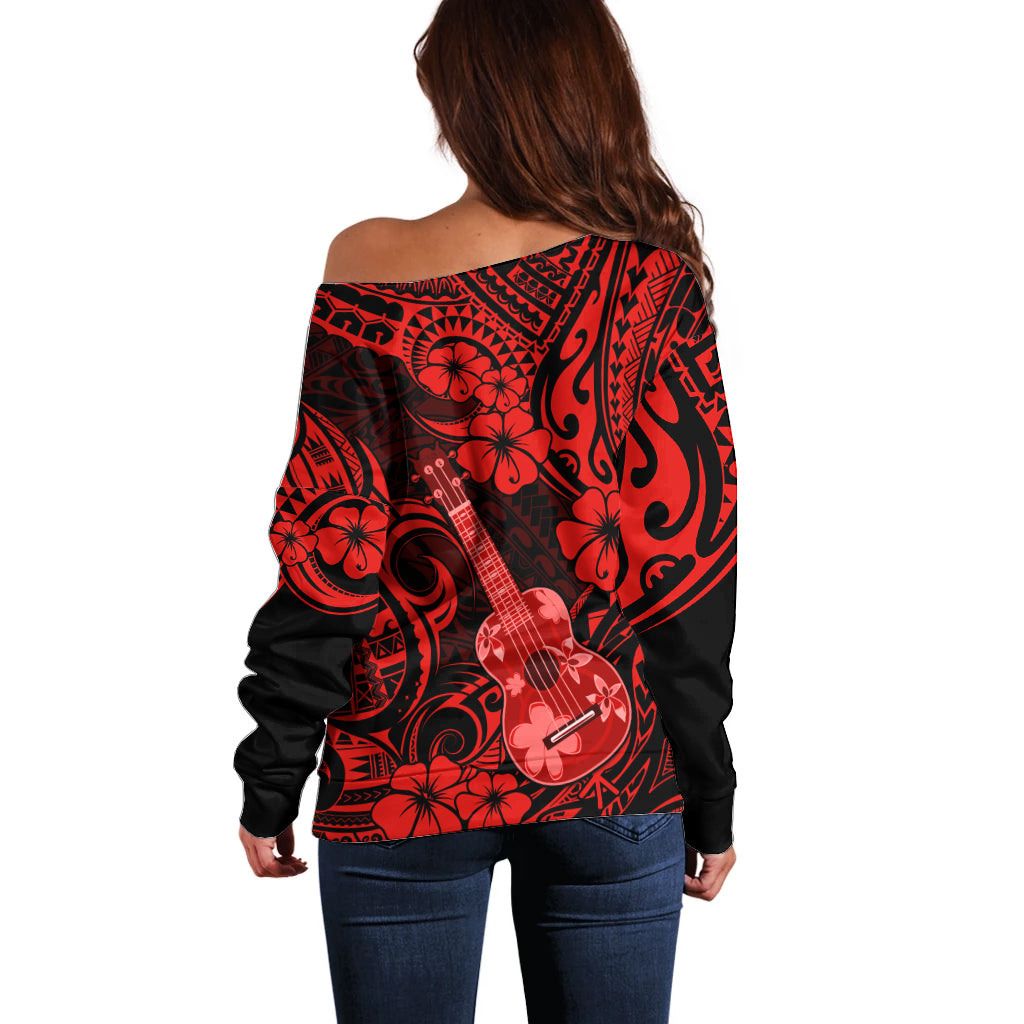 Hawaii Ukulele Off Shoulder Sweater Polynesian Pattern Red Version LT01 - Polynesian Pride