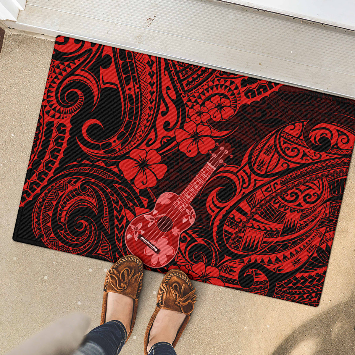 Hawaii Ukulele Rubber Doormat Polynesian Pattern Red Version LT01 - Polynesian Pride