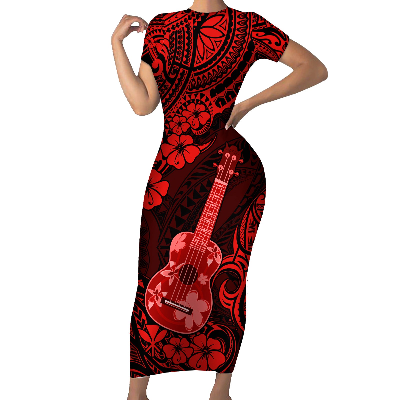 Hawaii Ukulele Short Sleeve Bodycon Dress Polynesian Pattern Red Version LT01 Long Dress Red - Polynesian Pride