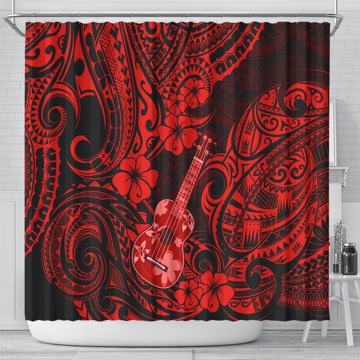 Hawaii Ukulele Shower Curtain Polynesian Pattern Red Version LT01 - Polynesian Pride