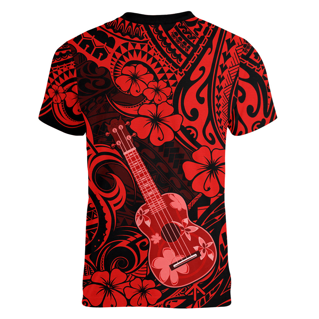 Hawaii Ukulele Women V Neck T Shirt Polynesian Pattern Red Version LT01 - Polynesian Pride