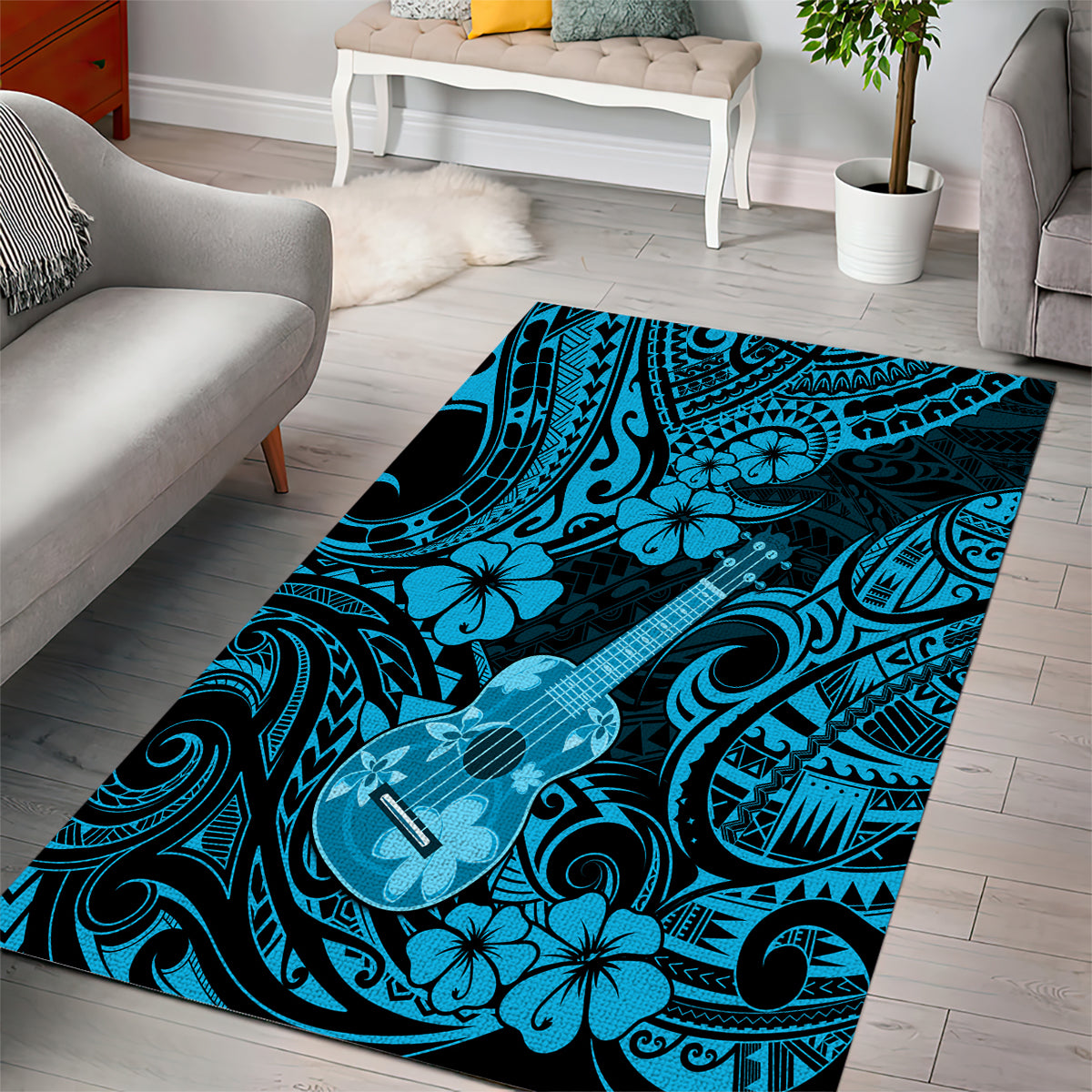 Hawaii Ukulele Area Rug Polynesian Pattern Sky Blue Version LT01 - Polynesian Pride