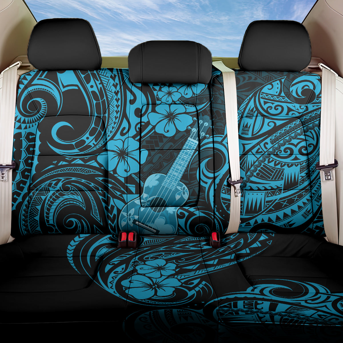 Hawaii Ukulele Back Car Seat Cover Polynesian Pattern Sky Blue Version