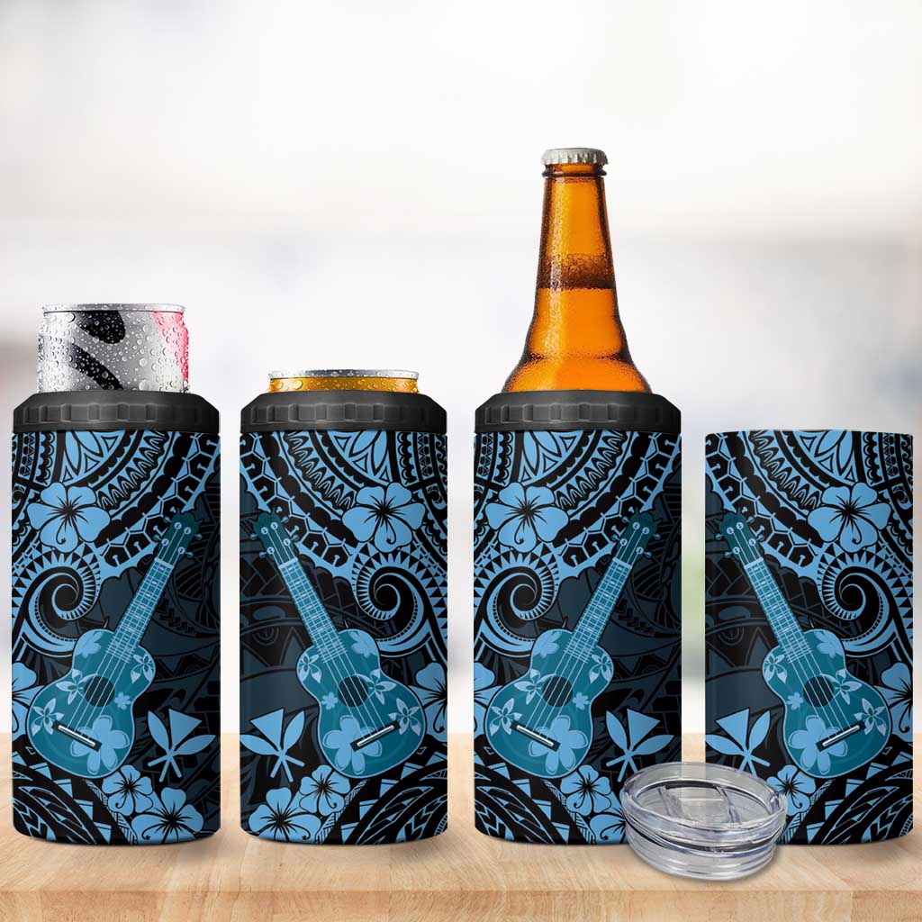 Hawaii Ukulele 4 in 1 Can Cooler Tumbler Polynesian Pattern Sky Blue Version