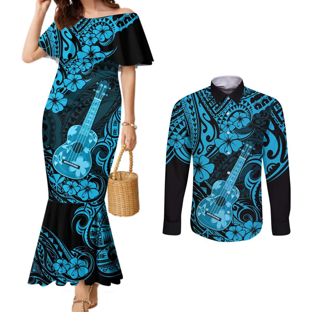 Hawaii Ukulele Couples Matching Mermaid Dress and Long Sleeve Button Shirts Polynesian Pattern Sky Blue Version LT01 Blue - Polynesian Pride