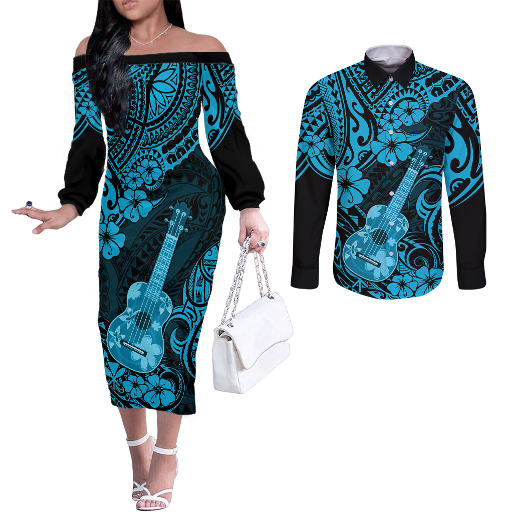 Hawaii Ukulele Couples Matching Off The Shoulder Long Sleeve Dress and Long Sleeve Button Shirts Polynesian Pattern Sky Blue Version LT01 Blue - Polynesian Pride