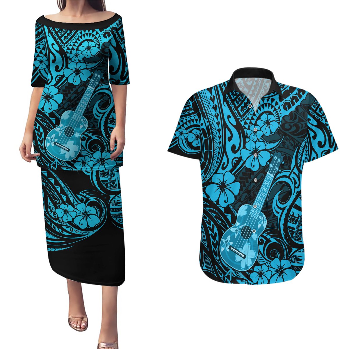 Hawaii Ukulele Couples Matching Puletasi Dress and Hawaiian Shirt Polynesian Pattern Sky Blue Version LT01 Blue - Polynesian Pride