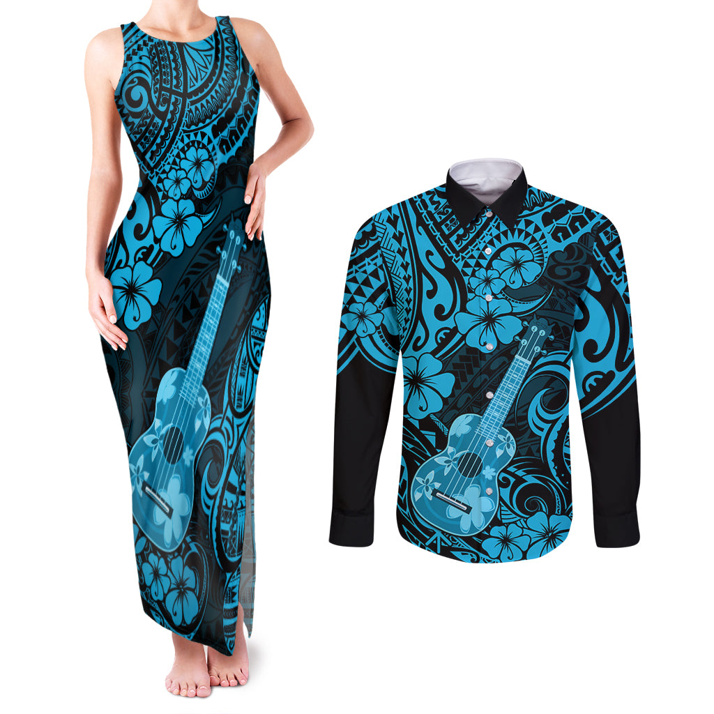Hawaii Ukulele Couples Matching Tank Maxi Dress and Long Sleeve Button Shirts Polynesian Pattern Sky Blue Version LT01 Blue - Polynesian Pride