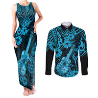 Hawaii Ukulele Couples Matching Tank Maxi Dress and Long Sleeve Button Shirts Polynesian Pattern Sky Blue Version LT01 Blue - Polynesian Pride