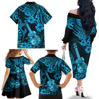 Hawaii Ukulele Family Matching Off Shoulder Long Sleeve Dress and Hawaiian Shirt Polynesian Pattern Sky Blue Version LT01 - Polynesian Pride