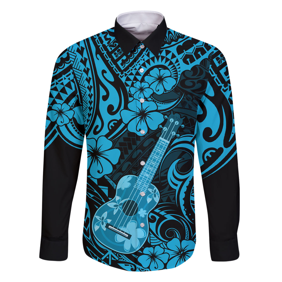 Hawaii Ukulele Family Matching Off Shoulder Maxi Dress and Hawaiian Shirt Polynesian Pattern Sky Blue Version LT01 Dad's Shirt - Long Sleeve Blue - Polynesian Pride