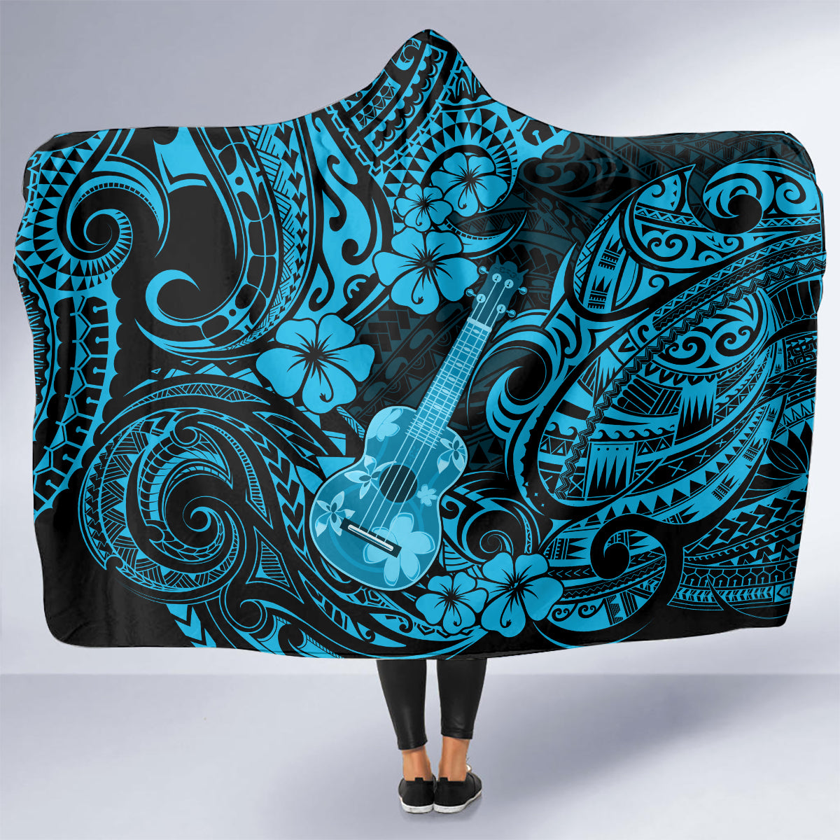 Hawaii Ukulele Hooded Blanket Polynesian Pattern Sky Blue Version LT01 - Polynesian Pride