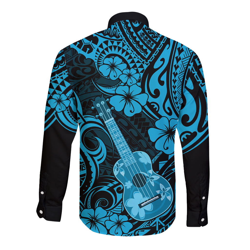 Hawaii Ukulele Long Sleeve Button Shirt Polynesian Pattern Sky Blue Version LT01 - Polynesian Pride