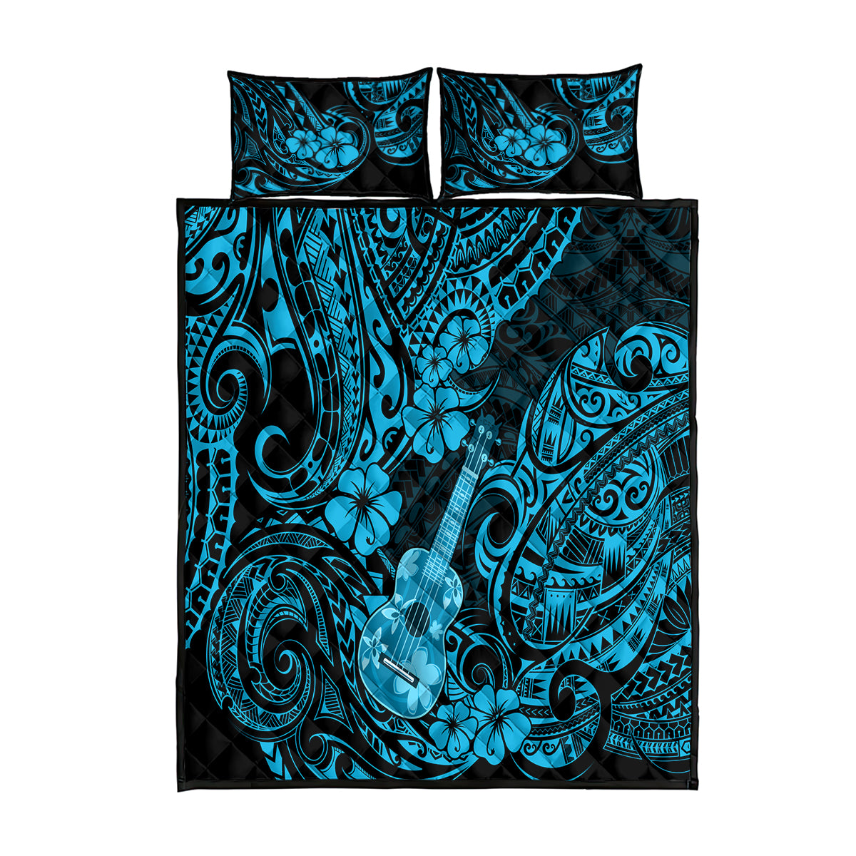 Hawaii Ukulele Quilt Bed Set Polynesian Pattern Sky Blue Version LT01 Blue - Polynesian Pride