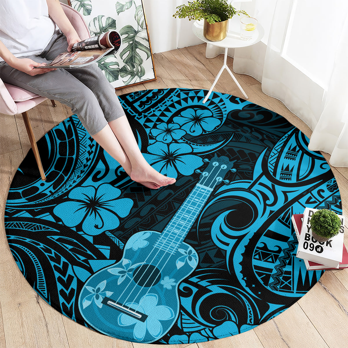 Hawaii Ukulele Round Carpet Polynesian Pattern Sky Blue Version LT01 - Polynesian Pride