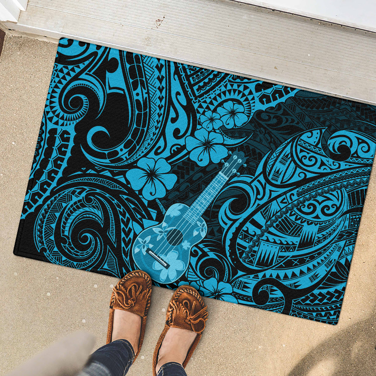 Hawaii Ukulele Rubber Doormat Polynesian Pattern Sky Blue Version LT01 - Polynesian Pride