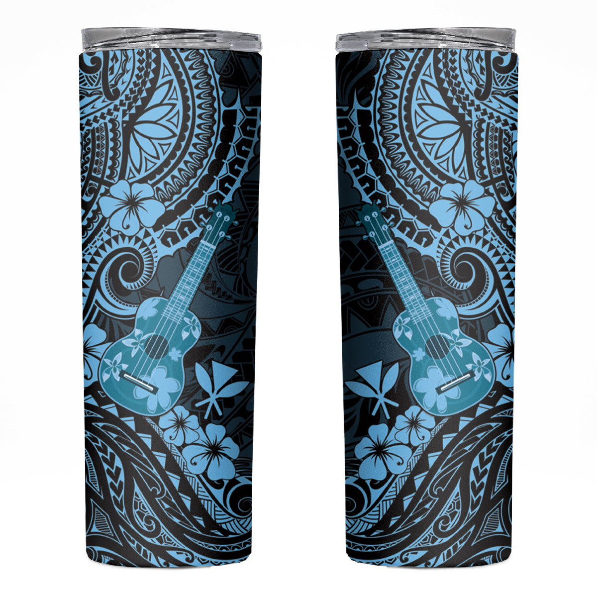 Hawaii Ukulele Skinny Tumbler Polynesian Pattern Sky Blue Version