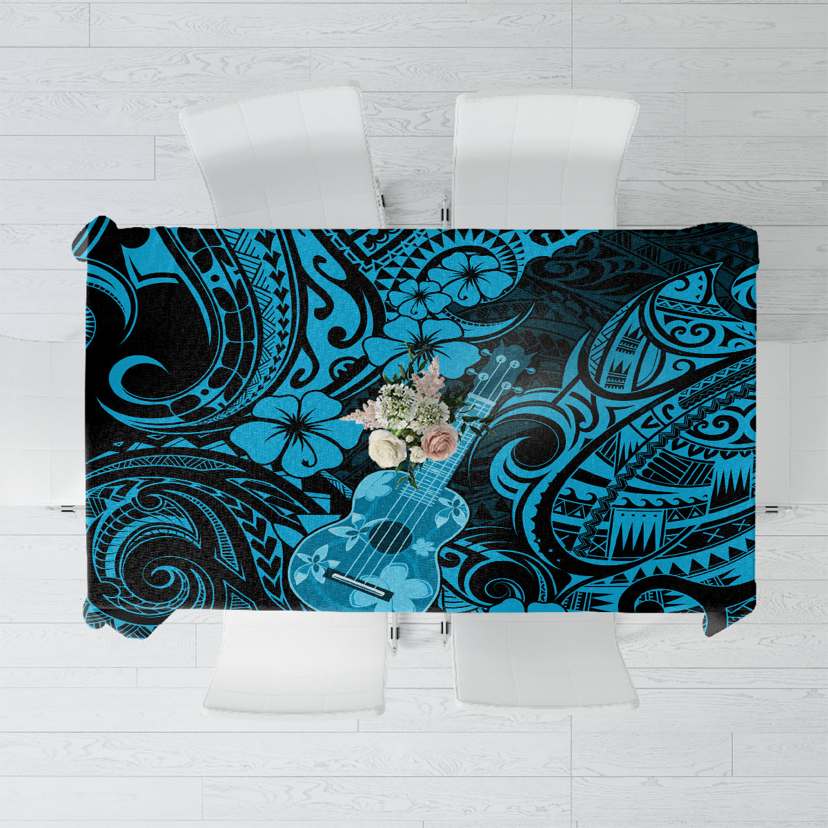 Hawaii Ukulele Tablecloth Polynesian Pattern Sky Blue Version LT01 Blue - Polynesian Pride