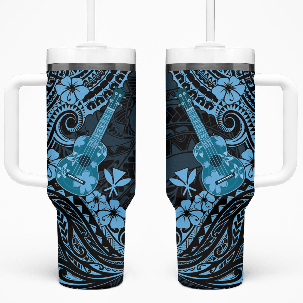 Hawaii Ukulele Tumbler With Handle Polynesian Pattern Sky Blue Version