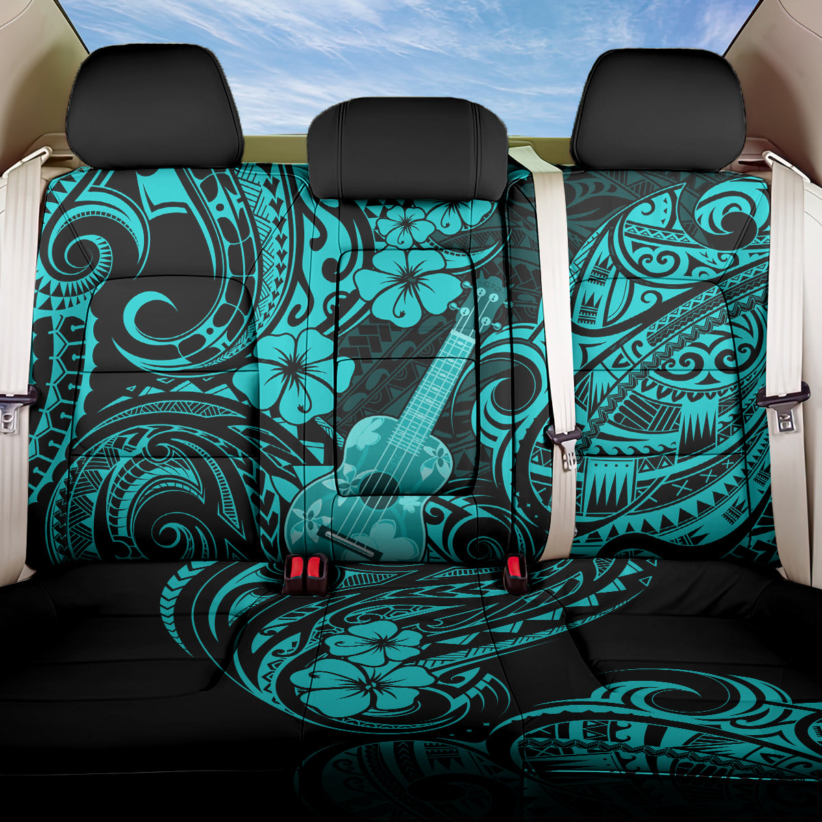 Hawaii Ukulele Back Car Seat Cover Polynesian Pattern Turquoise Version