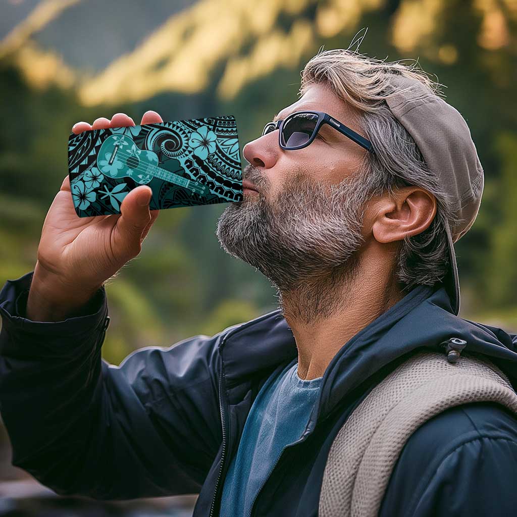 Hawaii Ukulele 4 in 1 Can Cooler Tumbler Polynesian Pattern Turquoise Version