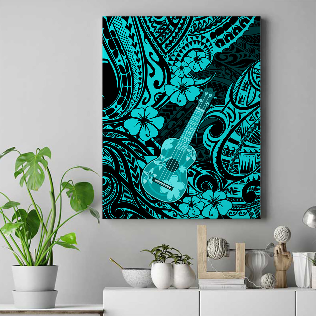 Hawaii Ukulele Canvas Wall Art Polynesian Pattern Turquoise Version LT01 Turquoise - Polynesian Pride