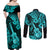 Hawaii Ukulele Couples Matching Off Shoulder Maxi Dress and Long Sleeve Button Shirts Polynesian Pattern Turquoise Version LT01 - Polynesian Pride