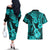 Hawaii Ukulele Couples Matching Off The Shoulder Long Sleeve Dress and Hawaiian Shirt Polynesian Pattern Turquoise Version LT01 - Polynesian Pride