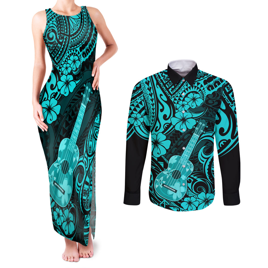 Hawaii Ukulele Couples Matching Tank Maxi Dress and Long Sleeve Button Shirts Polynesian Pattern Turquoise Version LT01 Turquoise - Polynesian Pride