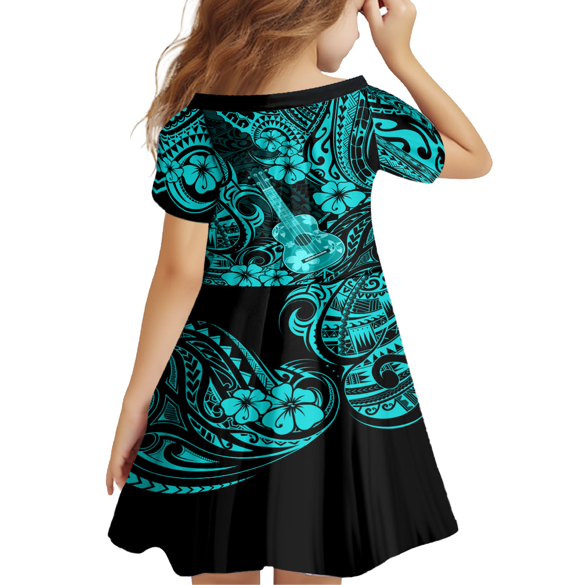 Hawaii Ukulele Family Matching Off Shoulder Long Sleeve Dress and Hawaiian Shirt Polynesian Pattern Turquoise Version LT01 - Polynesian Pride