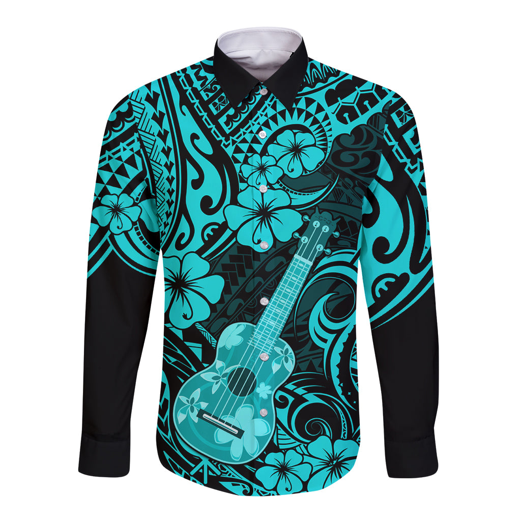 Hawaii Ukulele Long Sleeve Button Shirt Polynesian Pattern Turquoise Version LT01 Unisex Turquoise - Polynesian Pride
