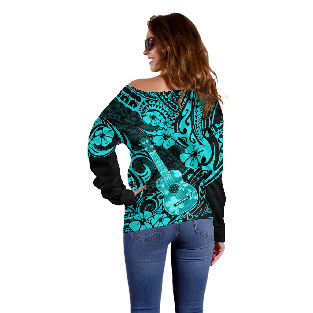 Hawaii Ukulele Off Shoulder Sweater Polynesian Pattern Turquoise Version LT01 - Polynesian Pride
