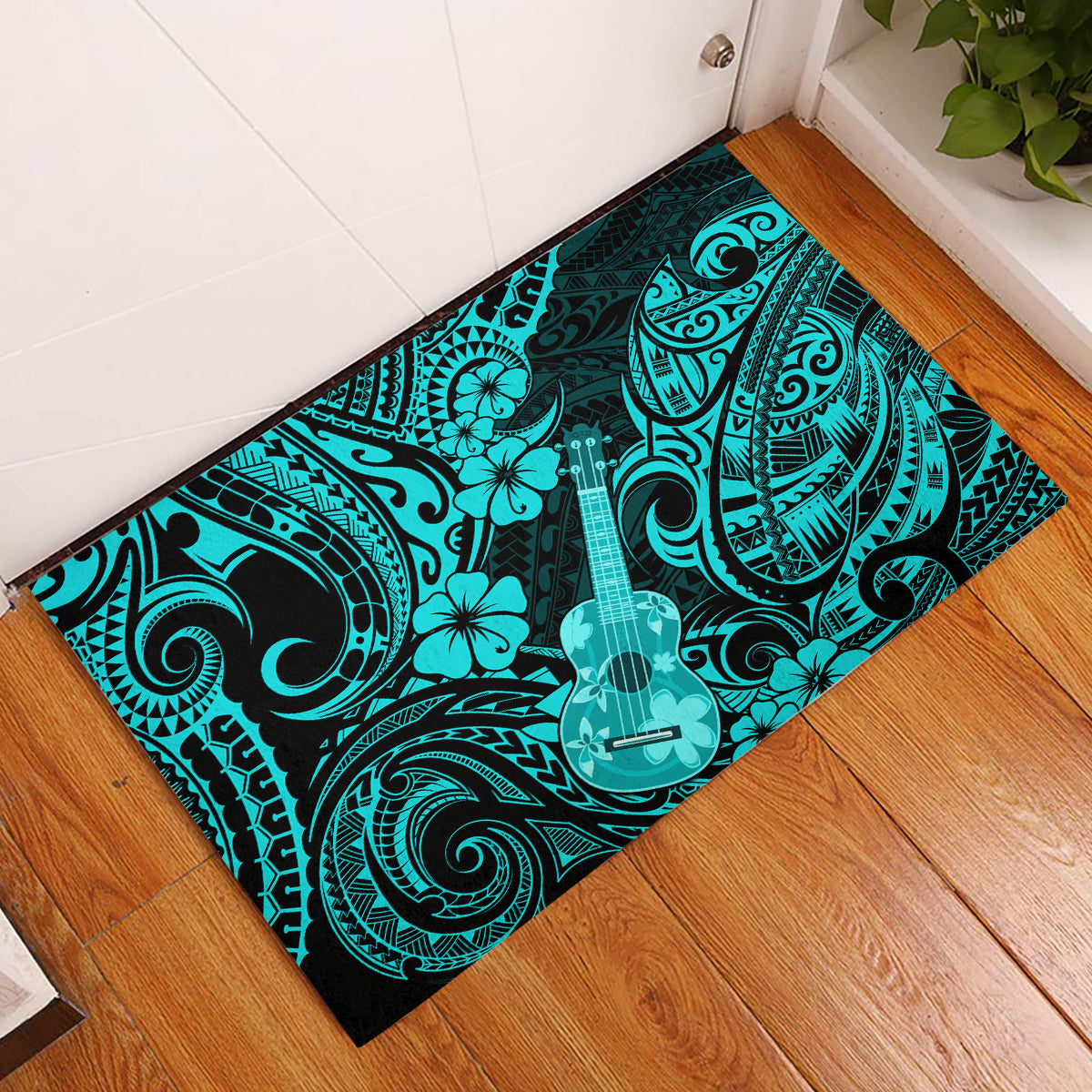Hawaii Ukulele Rubber Doormat Polynesian Pattern Turquoise Version LT01 Turquoise - Polynesian Pride