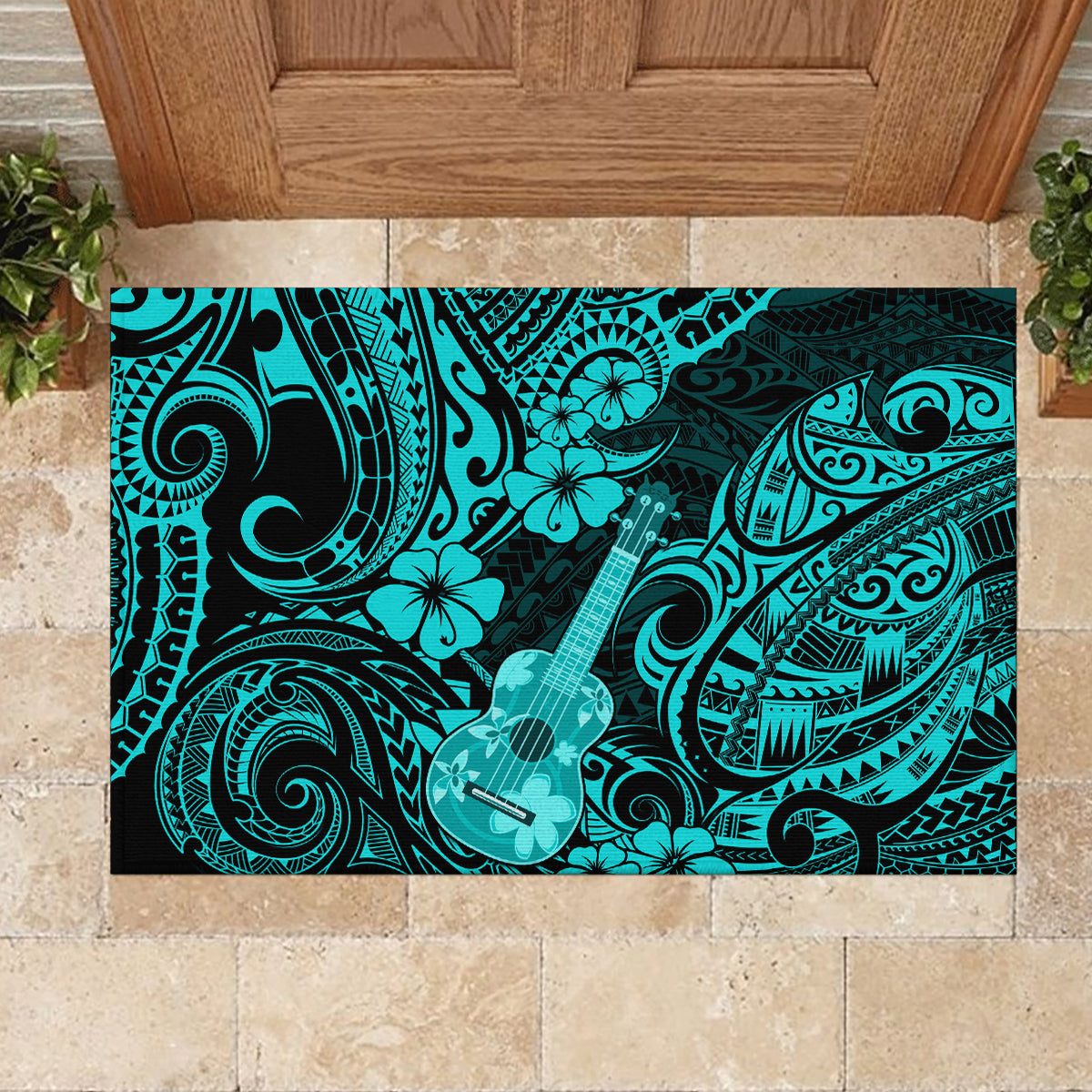Hawaii Ukulele Rubber Doormat Polynesian Pattern Turquoise Version LT01 - Polynesian Pride