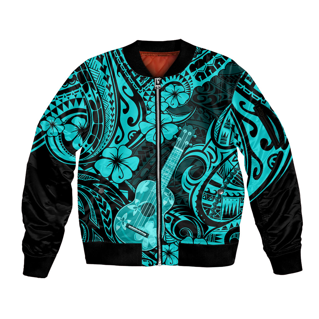 Hawaii Ukulele Sleeve Zip Bomber Jacket Polynesian Pattern Turquoise Version LT01 Unisex Turquoise - Polynesian Pride