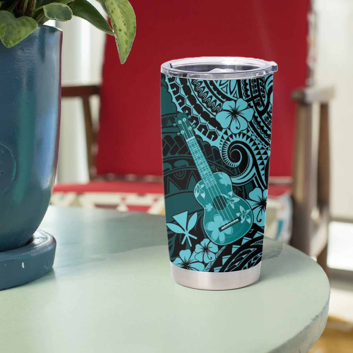 Hawaii Ukulele Tumbler Cup Polynesian Pattern Turquoise Version