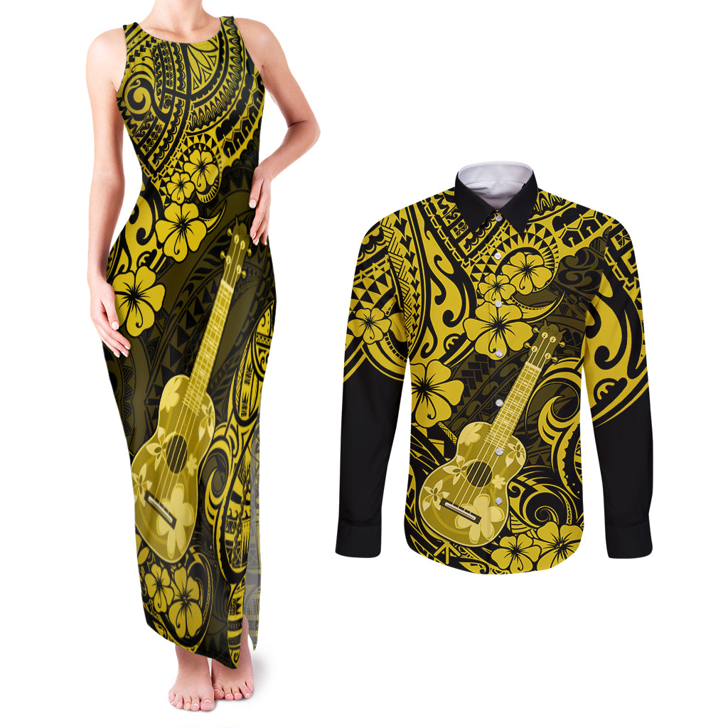 Hawaii Ukulele Couples Matching Tank Maxi Dress and Long Sleeve Button Shirts Polynesian Pattern Yellow Version LT01 Yellow - Polynesian Pride