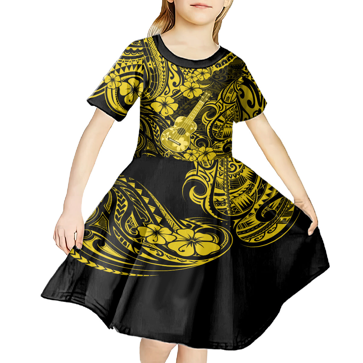 Hawaii Ukulele Kid Short Sleeve Dress Polynesian Pattern Yellow Version LT01 - Polynesian Pride